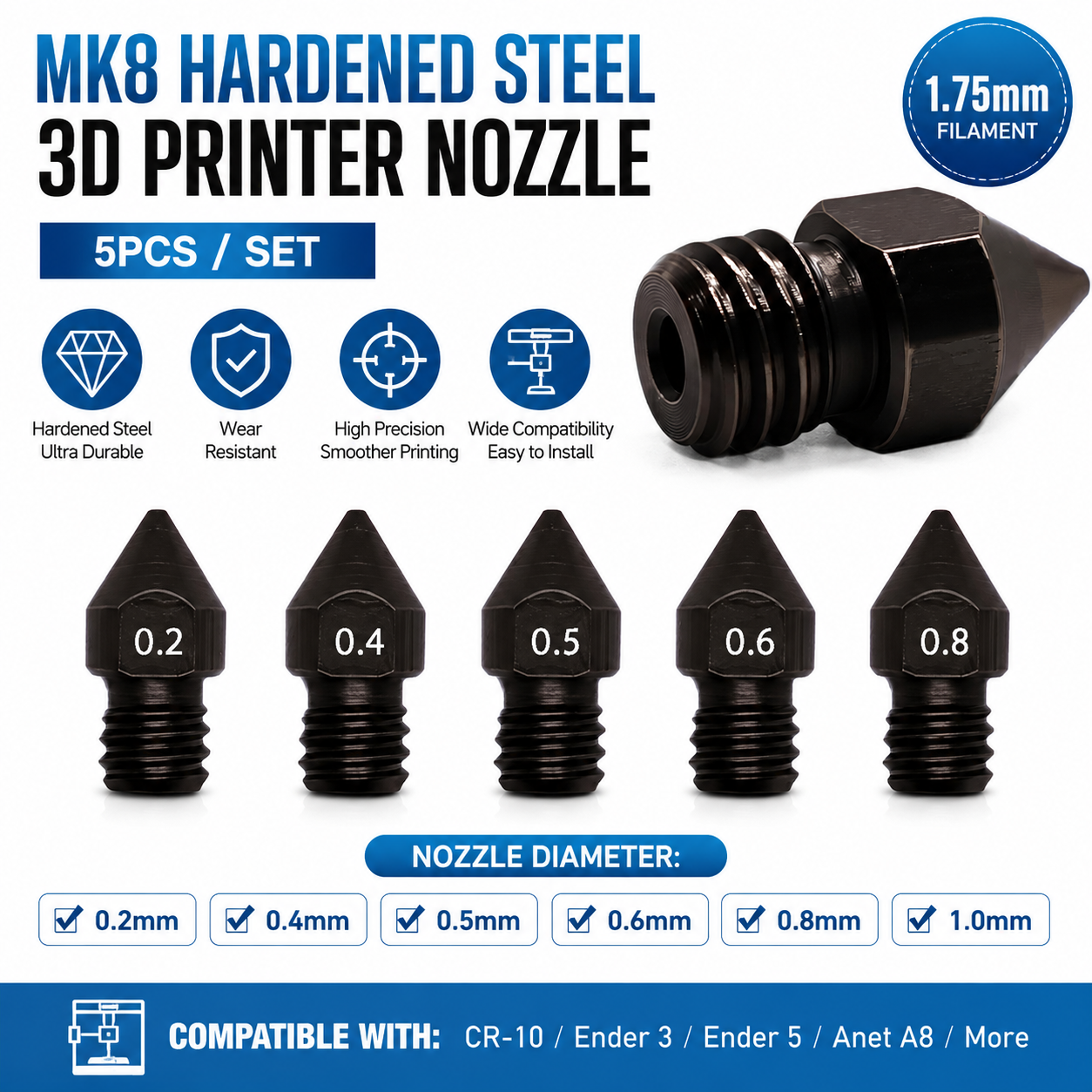 Super Hardened Steel Nozzle MK - đánh giá và giá 3D Printer Hotend Kit